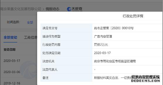 果酱文化因广告内容违法被处罚2万元 汪峰为该公司第三大股东